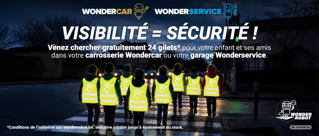 Visibilité = sécurité ! Venez chercher gratuitement 24 gilets pour votre enfant et ses amis dans votre carrosserie Wondercar ou votre garage Wonderservice. Conditions de l'initiative sur wonderrobot.be. Initiative valable jusqu'à épuisement du stock.