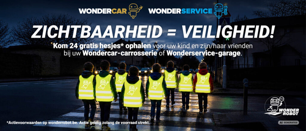 Zichtbaarheid = veiligheid! Kom 24 gratis hesjes ophalen voor uw kind en zijn/haar vrienden bij uw Wondercar-carrosserie of Wonderservice-garage. Actievoorwaarden op wonderrobot.be. Actie geldig zolang de voorraad strekt.